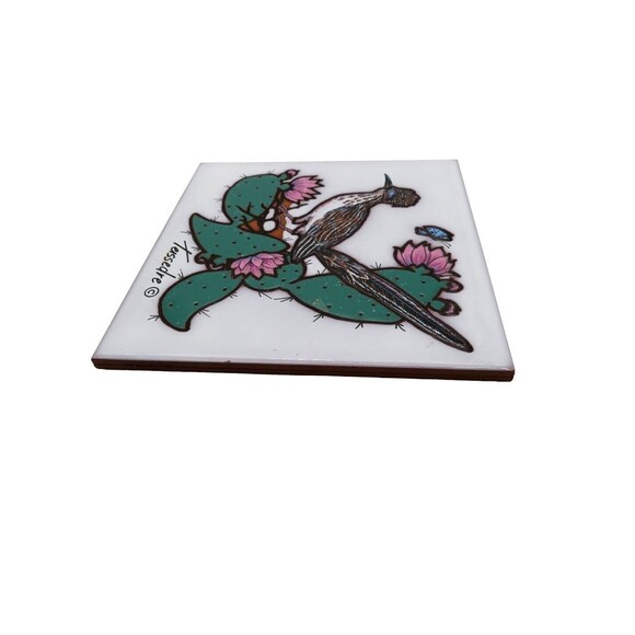Ceramic Art Tile Cleo Teissedre 1992 Roadrunner on Cactus Coater Trivet Italy - Picture 2 of 7